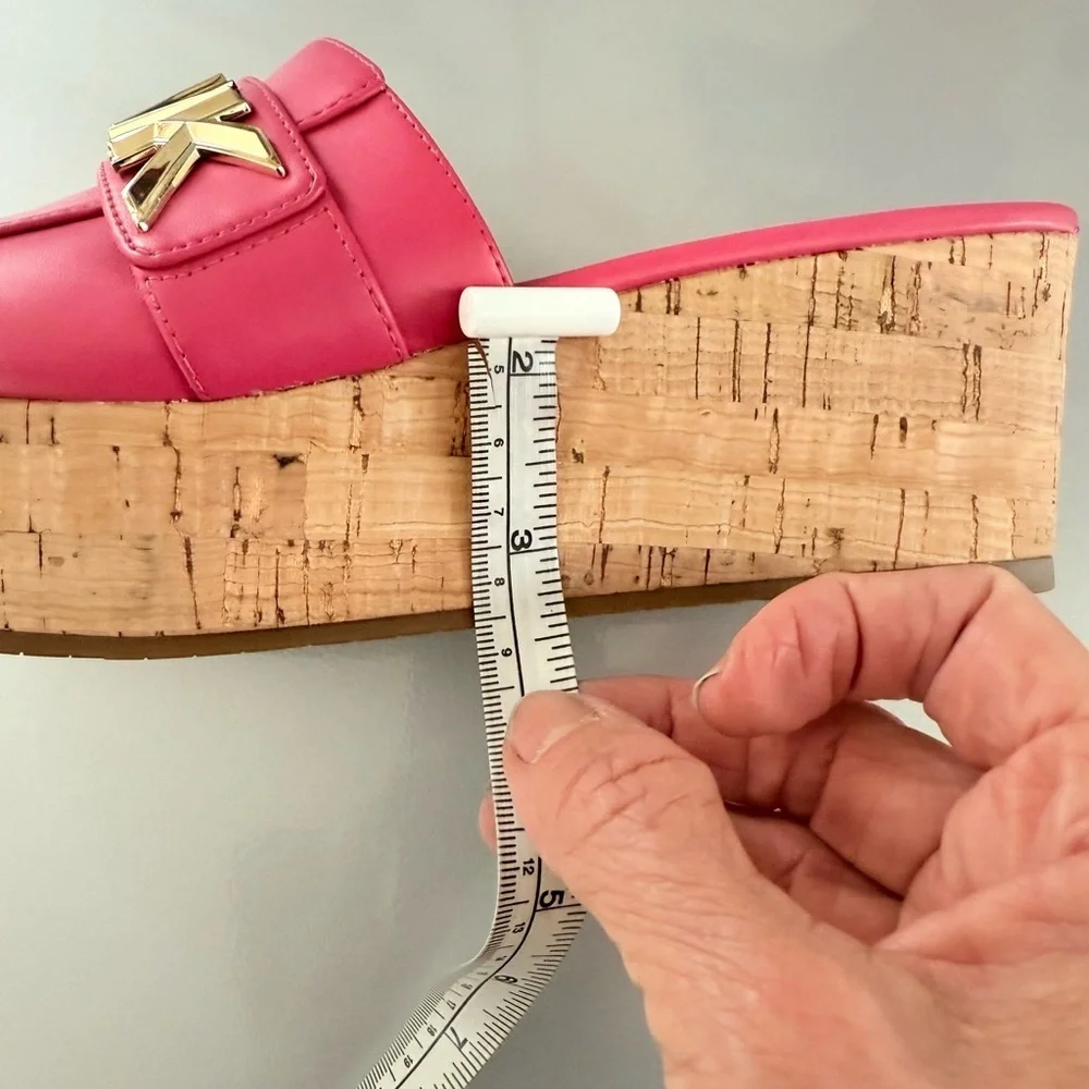 MICHAEL KORS Wedge Slides Fuchsia Pink Gold MK Logo Cork Size 8